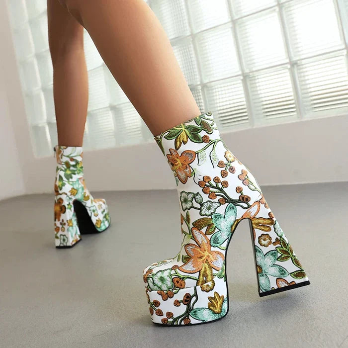 Flower Chunky Heel Boots