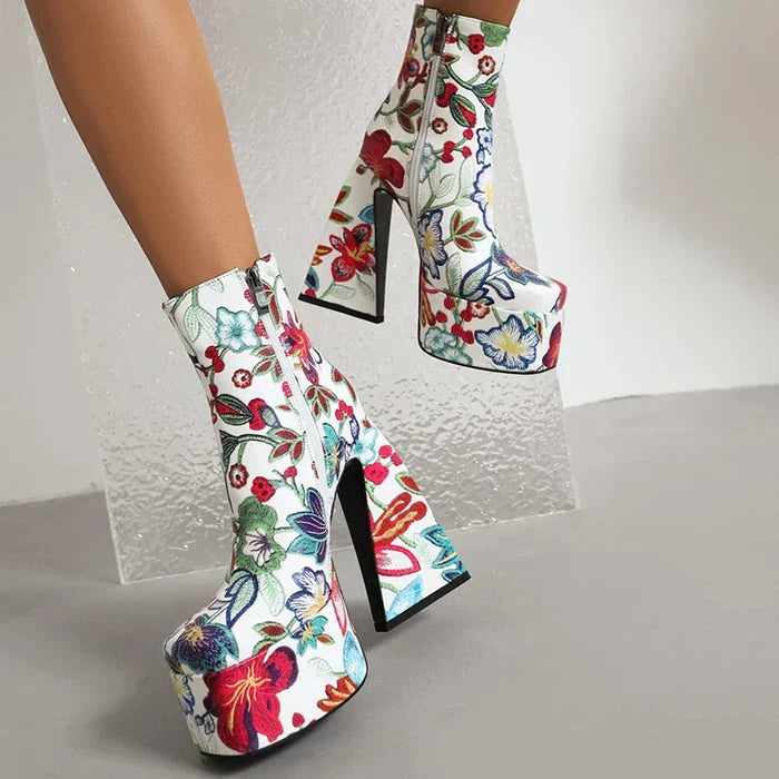 Flower Chunky Heel Boots