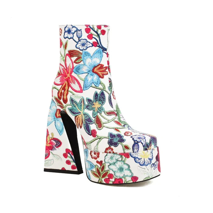 Flower Chunky Heel Boots
