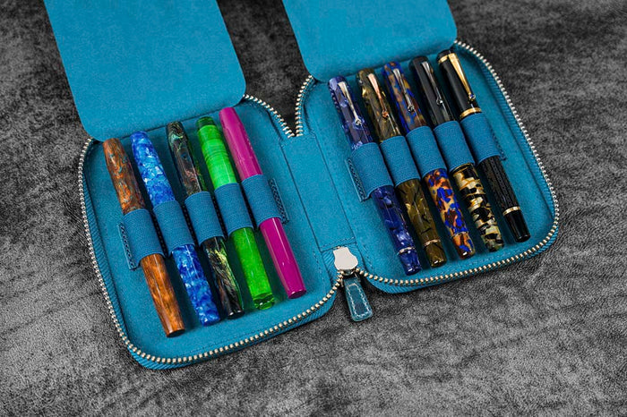 Galen Leather | Funda Leather Zippered 10 Slots Pen Case Crazy Horse Ocean Blue