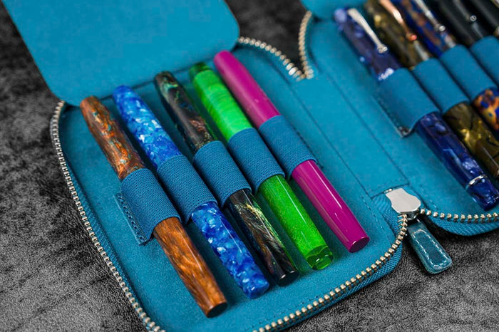 Galen Leather | Funda Leather Zippered 10 Slots Pen Case Crazy Horse Ocean Blue