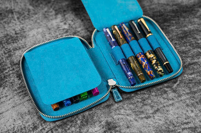 Galen Leather | Funda Leather Zippered 10 Slots Pen Case Crazy Horse Ocean Blue