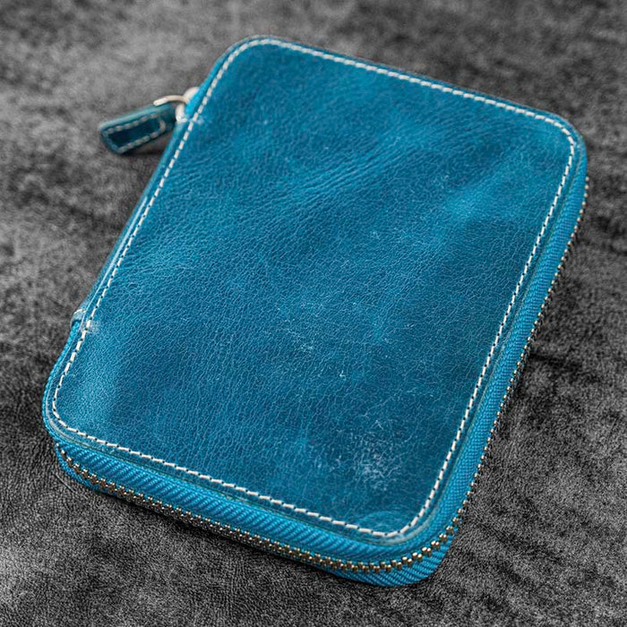 Galen Leather | Funda Leather Zippered 10 Slots Pen Case Crazy Horse Ocean Blue