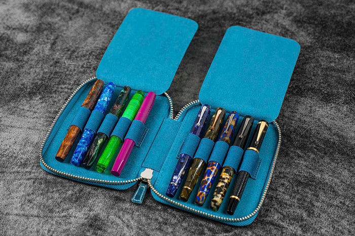 Galen Leather | Funda Leather Zippered 10 Slots Pen Case Crazy Horse Ocean Blue