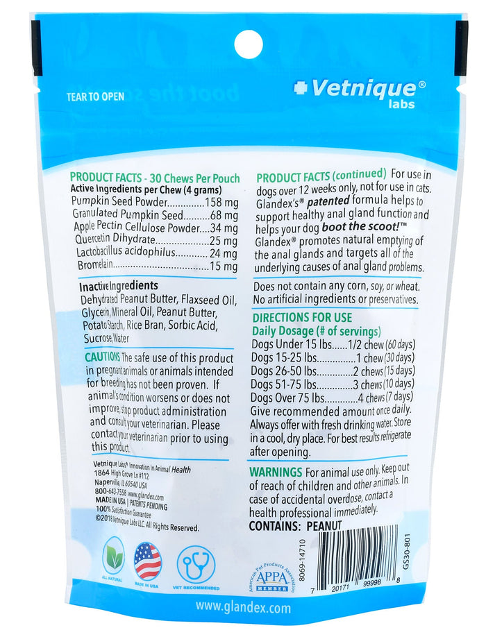 Glandex Soft Chews for Dogs, Peanut Butter - VQLA1 - 30 count - 2