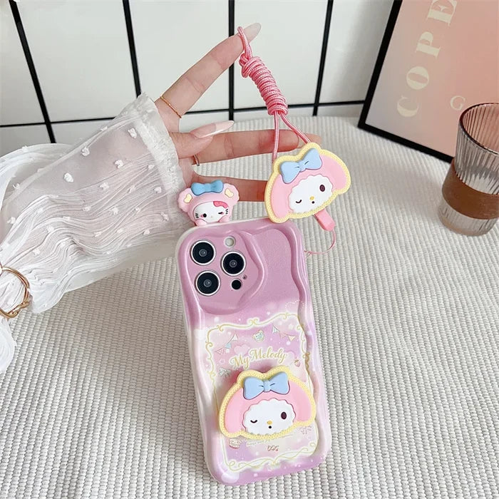 Hello Kitty Kuromi With Bracket Lanyard Phone Case For iPhone PhoneShells