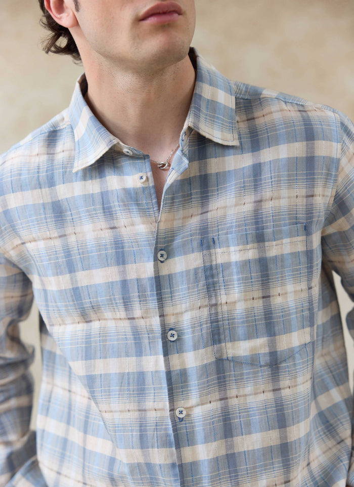 The Percival Jesse Cropped Shirt in blue check, a breathable linen-cotton blend with a point collar and chest pocket.