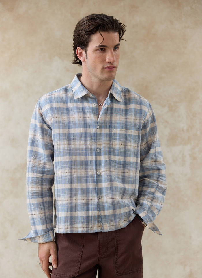 Light blue check Percival Jesse Cropped Shirt in a linen-cotton blend, featuring a boxy fit and shown on a model.
