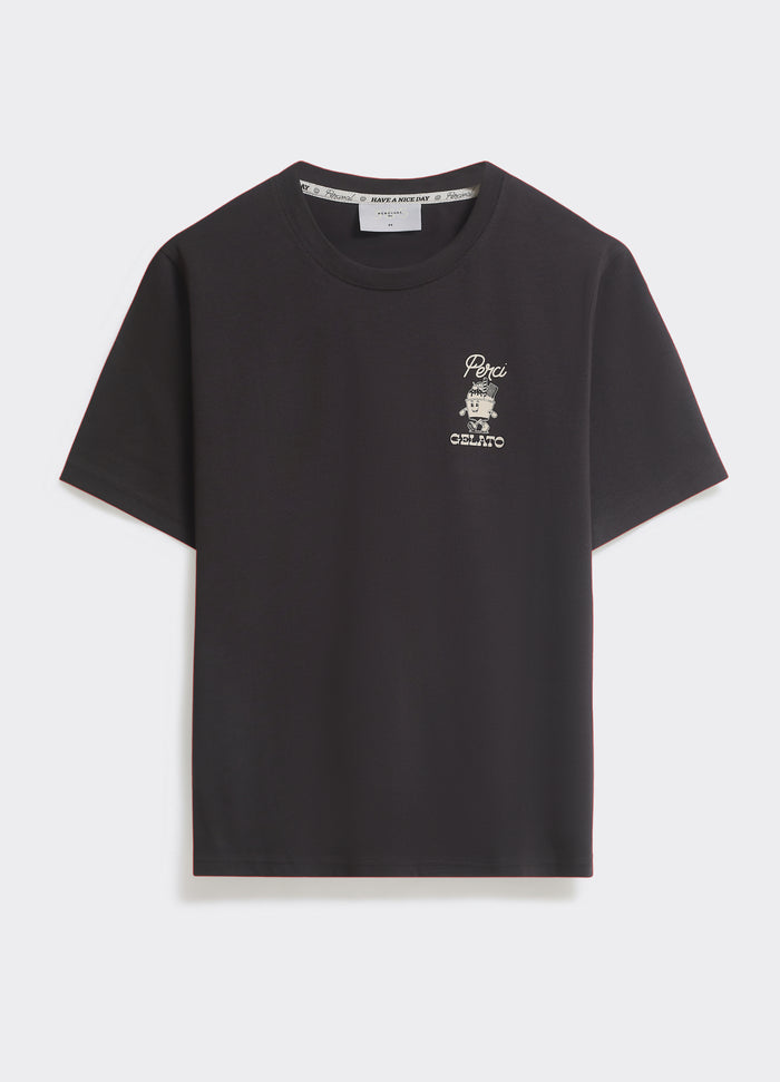 The Percival Ice Cream T-Shirt in washed black jersey, featuring a vintage gelato chest graphic and a classic crew neck.