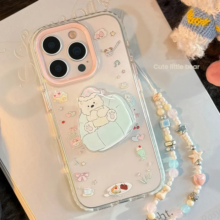 INS Dessert Clear Cartoon Sofa Puppy Bracket With Chain Phone Case For iPhone PhoneShells