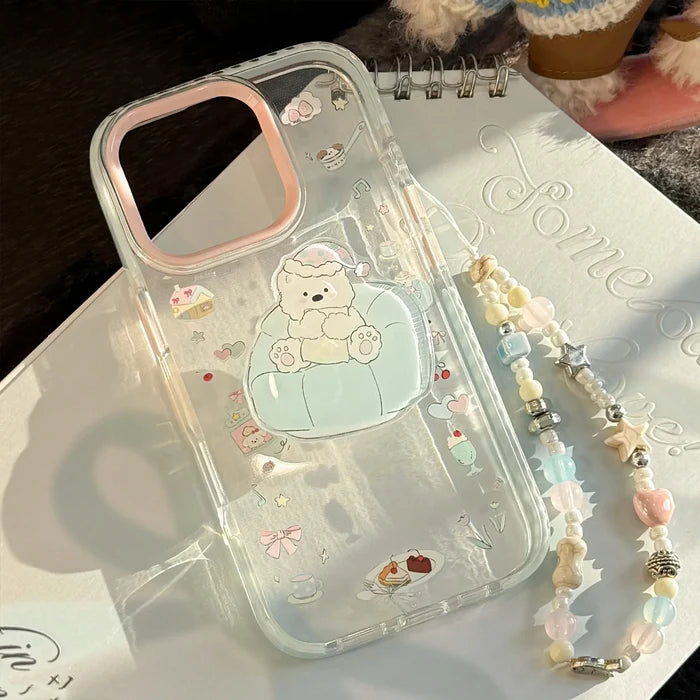 INS Dessert Clear Cartoon Sofa Puppy Bracket With Chain Phone Case For iPhone PhoneShells