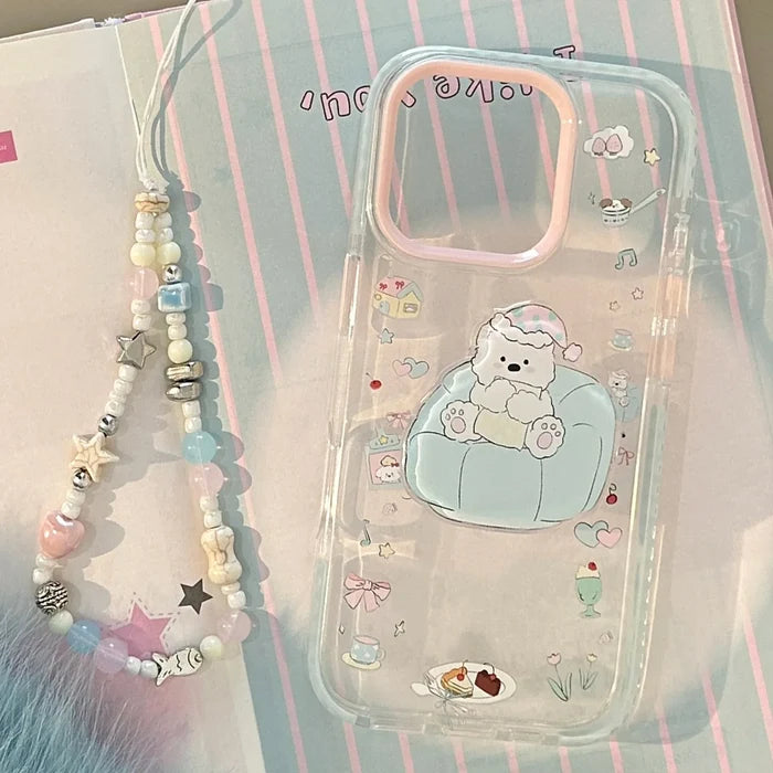 INS Dessert Clear Cartoon Sofa Puppy Bracket With Chain Phone Case For iPhone PhoneShells