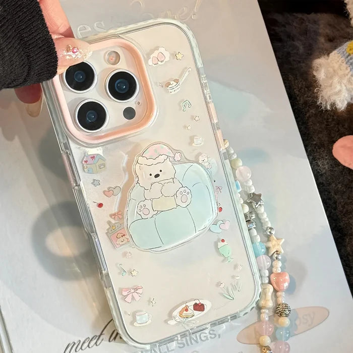 INS Dessert Clear Cartoon Sofa Puppy Bracket With Chain Phone Case For iPhone PhoneShells