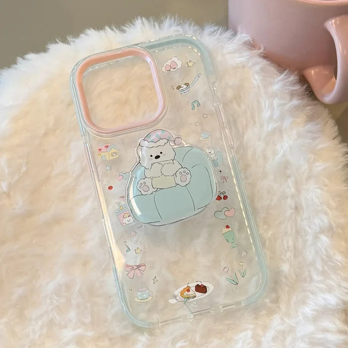 INS Dessert Clear Cartoon Sofa Puppy Bracket With Chain Phone Case For iPhone PhoneShells