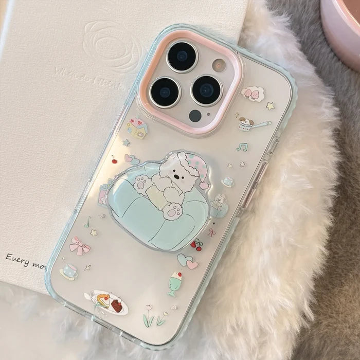 INS Dessert Clear Cartoon Sofa Puppy Bracket With Chain Phone Case For iPhone PhoneShells