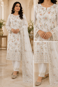 Ivory Floral Embroidered Silk Suit – Mirror Work 3 Piece Set