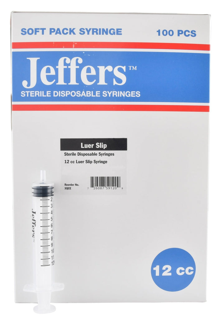 Jeffers Luer Slip Syringes, Box of 100 - XQCE - Luer Slip - 12 mL - 7