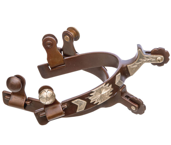 Jeffers Women's Western & Barrel Racing Spurs – Stainless Steel, Rosebud, Ball End & 10 Point Options - A8DY - Antique Brown Steel with German Silver Accents Rosebud Spurs - Pair - 2 ct - 1