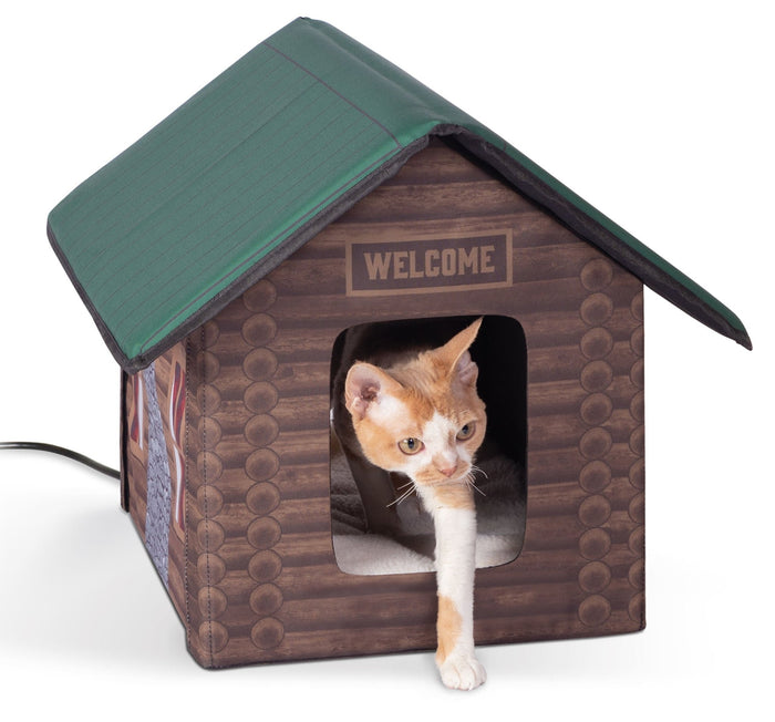 K&H Pet Products Outdoor Heated Kitty House Cat Shelter - PCU5 - Brown Log Cabin - 19" x 22" x 17" - 7