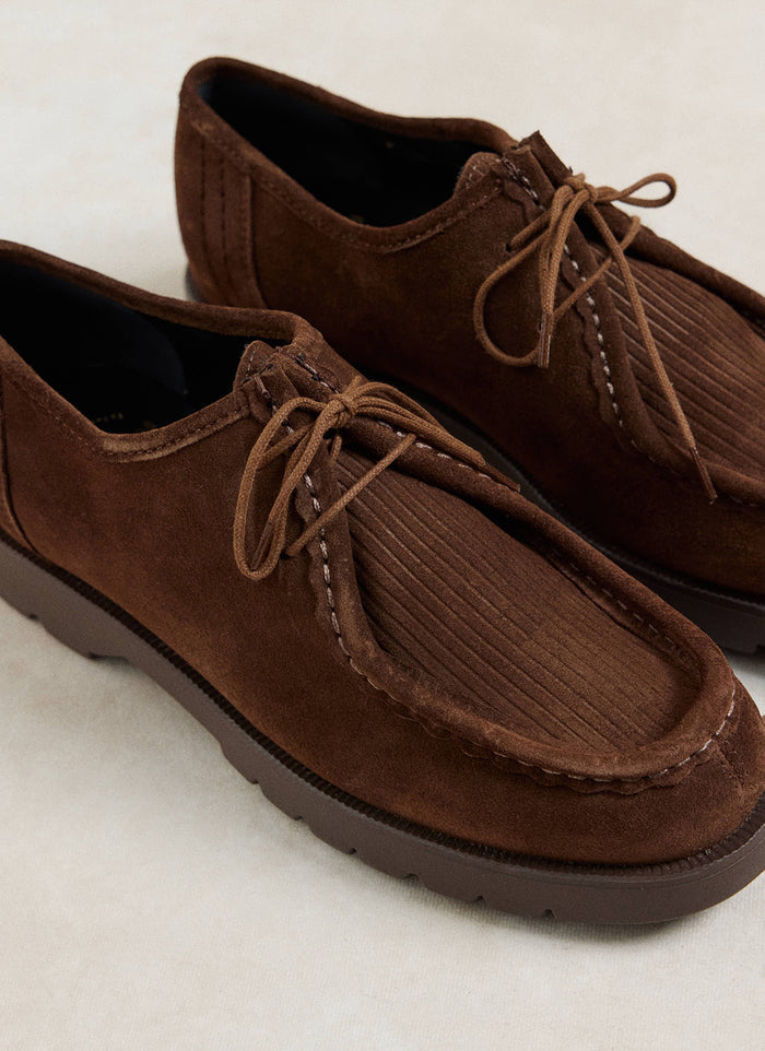 Close-up of the brown Kleman Padrini V Cord shoes showcasing the textured corduroy panel and laced moccasin design.