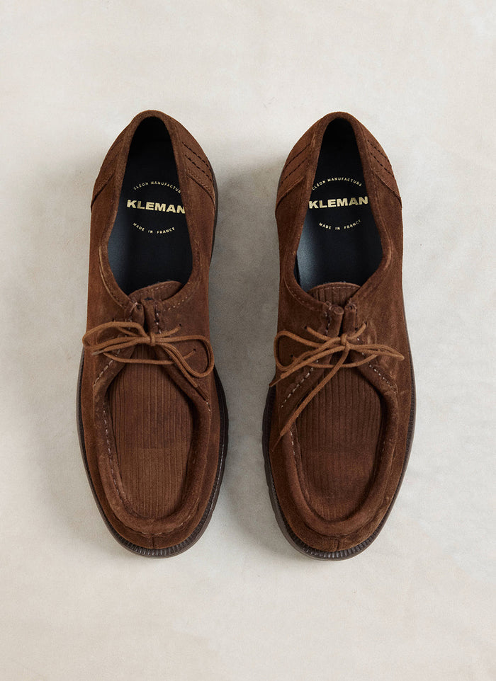Top-down view of the brown Kleman Padrini V Cord shoes showcasing their suede and corduroy texture.
