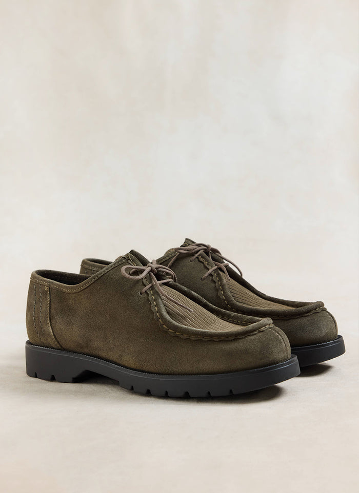 Close-up of Kleman Padrini V Cord shoes in khaki, featuring suede panels and chunky black soles.
