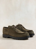 Close-up of Kleman Padrini V Cord shoes in khaki, featuring suede panels and chunky black soles.