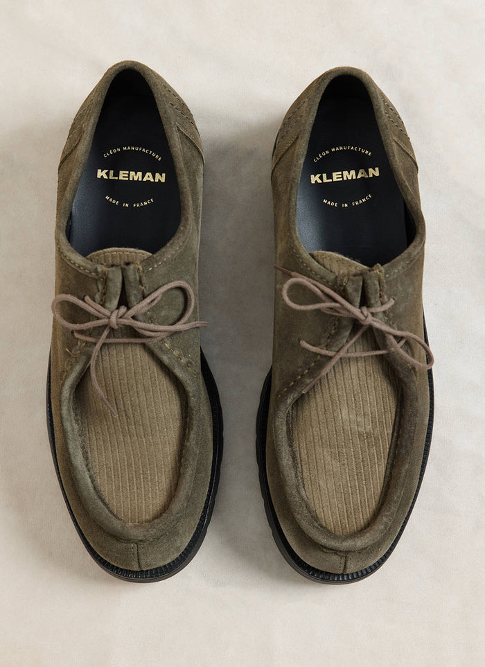 Top-down view of the khaki Kleman Padrini V Cord shoes showcasing their corduroy upper and branded insoles.