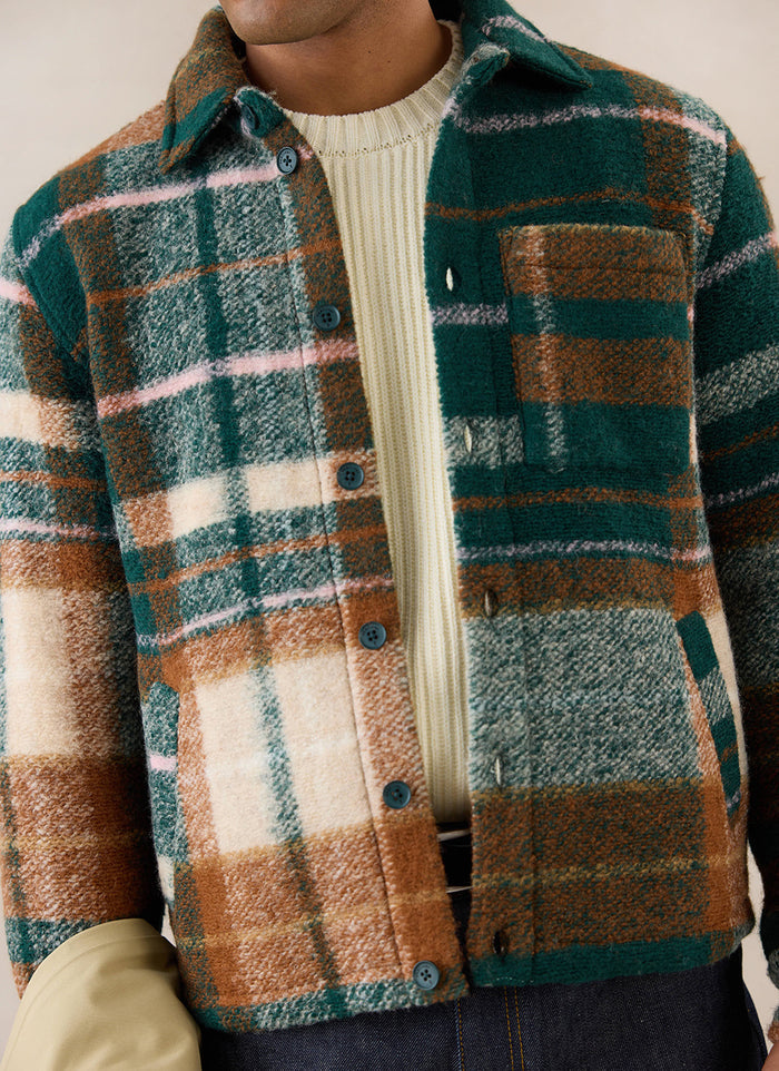 A close-up of a model wearing the multi check Knowles overshirt from Percival over a cream knit jumper.