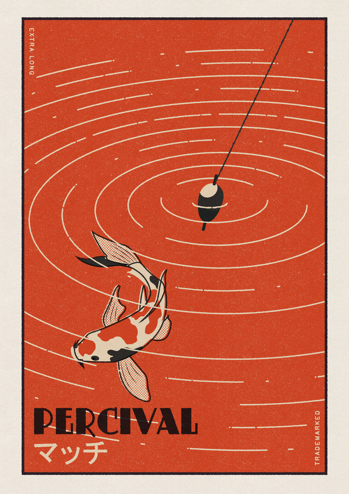A graphic Percival art print of a koi fish in red water beneath a fishing float, on 200gsm natural white paper.