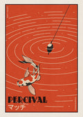 A graphic Percival art print of a koi fish in red water beneath a fishing float, on 200gsm natural white paper.