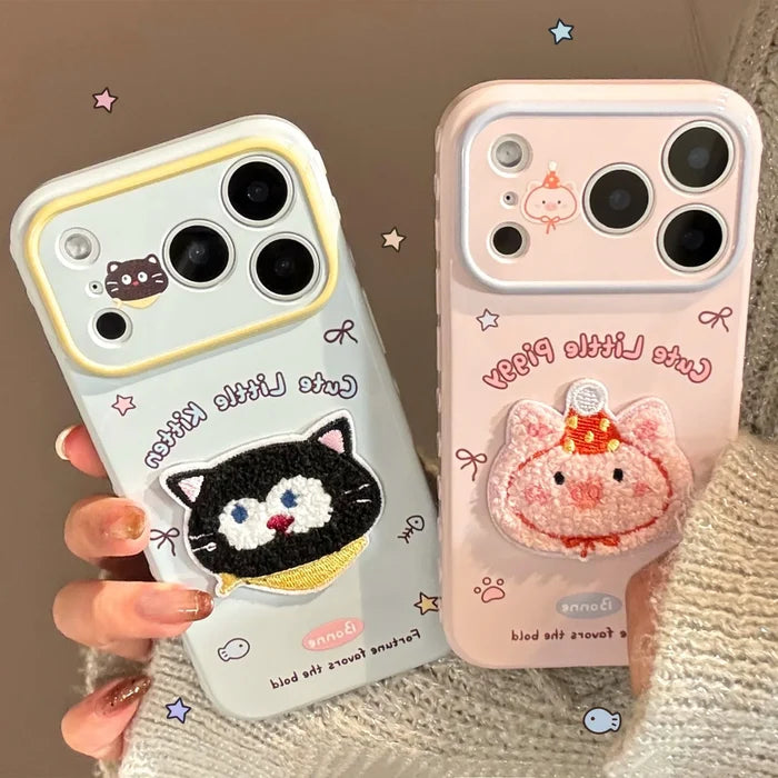 Korean Cartoon Embroidery Cat Pig Animals Plush Couple Phone Case For iPhone PhoneShells