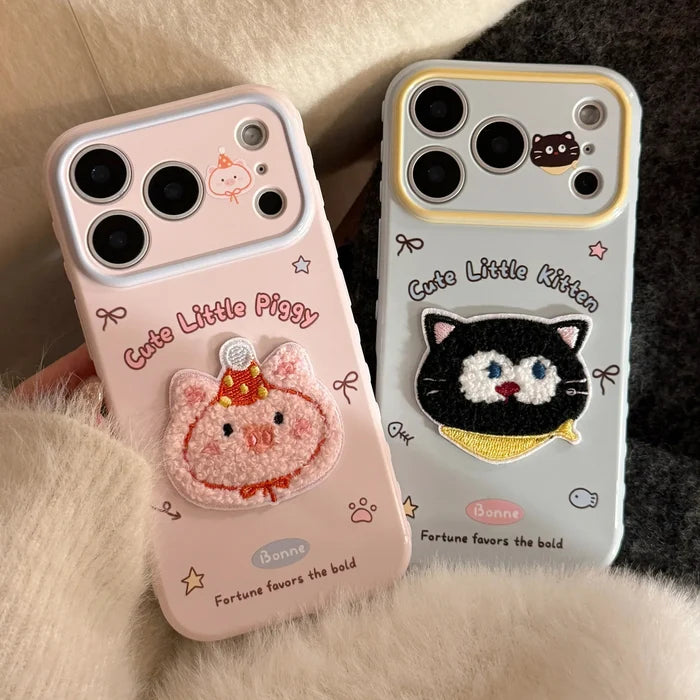 Korean Cartoon Embroidery Cat Pig Animals Plush Couple Phone Case For iPhone PhoneShells