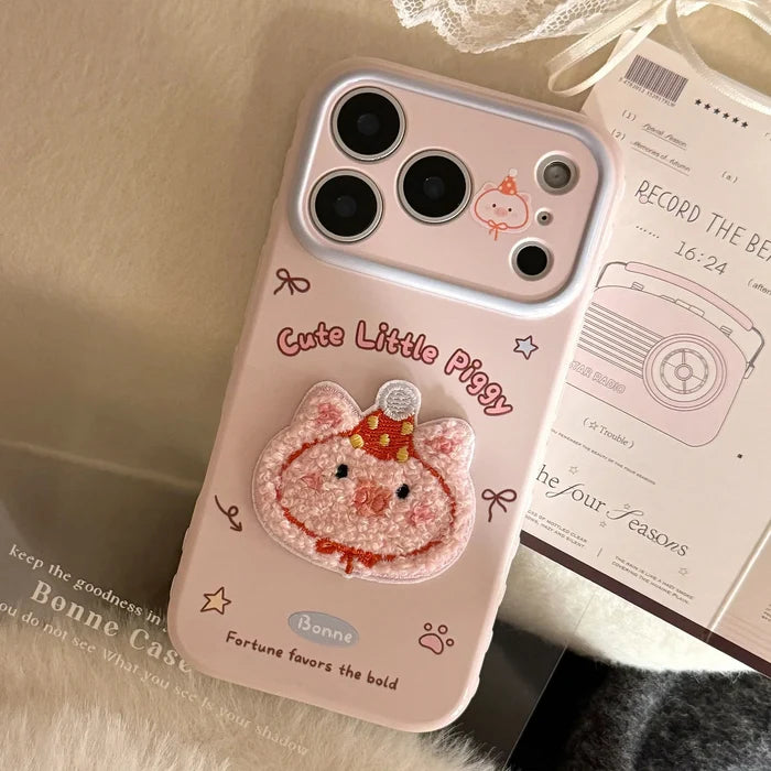 Korean Cartoon Embroidery Cat Pig Animals Plush Couple Phone Case For iPhone PhoneShells