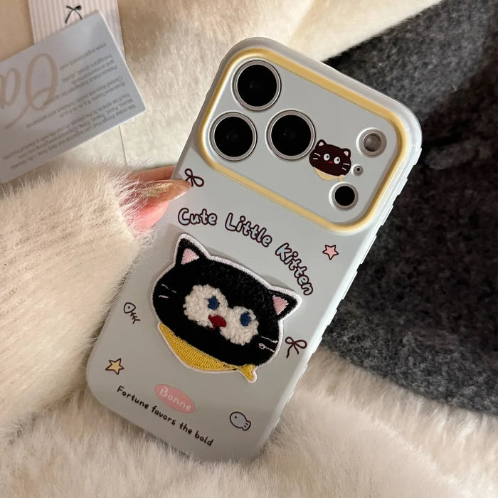 Korean Cartoon Embroidery Cat Pig Animals Plush Couple Phone Case For iPhone PhoneShells