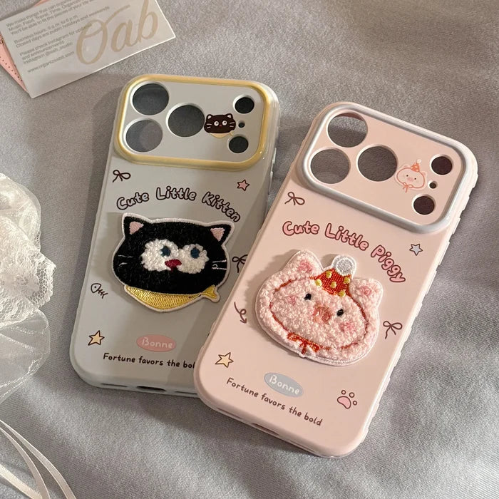 Korean Cartoon Embroidery Cat Pig Animals Plush Couple Phone Case For iPhone PhoneShells