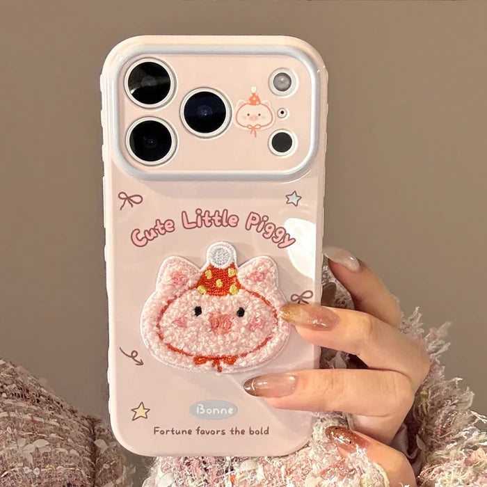 Korean Cartoon Embroidery Cat Pig Animals Plush Couple Phone Case For iPhone PhoneShells