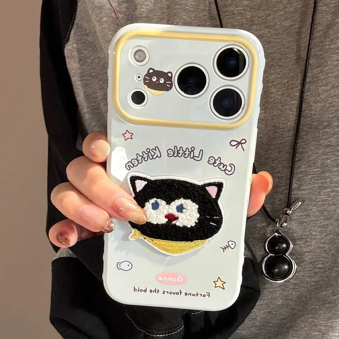 Korean Cartoon Embroidery Cat Pig Animals Plush Couple Phone Case For iPhone PhoneShells