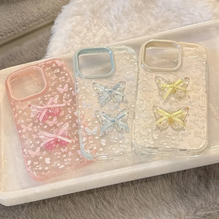 Korean Full Screen Flowers 3D Butterfly Bowknot Soft Phone Case For iPhone PhoneShells