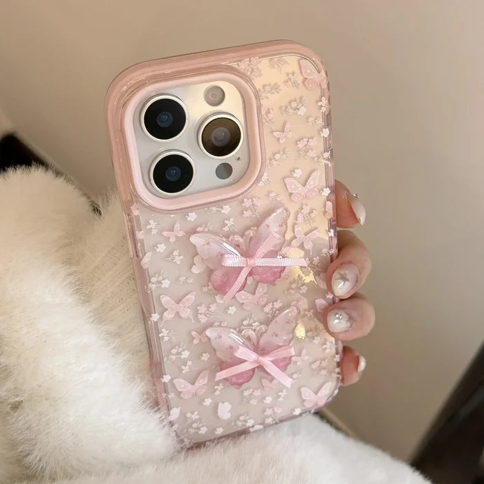 Korean Full Screen Flowers 3D Butterfly Bowknot Soft Phone Case For iPhone PhoneShells