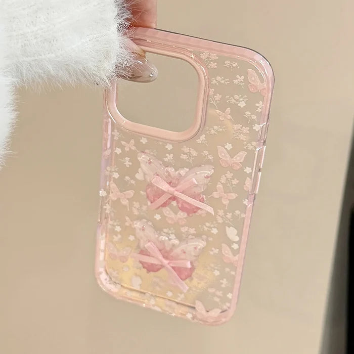 Korean Full Screen Flowers 3D Butterfly Bowknot Soft Phone Case For iPhone PhoneShells
