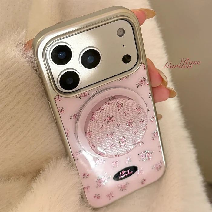 Korean Full Screen Flowers Silver Edge Plating Magnetic Bracket Phone Case For iPhone PhoneShells