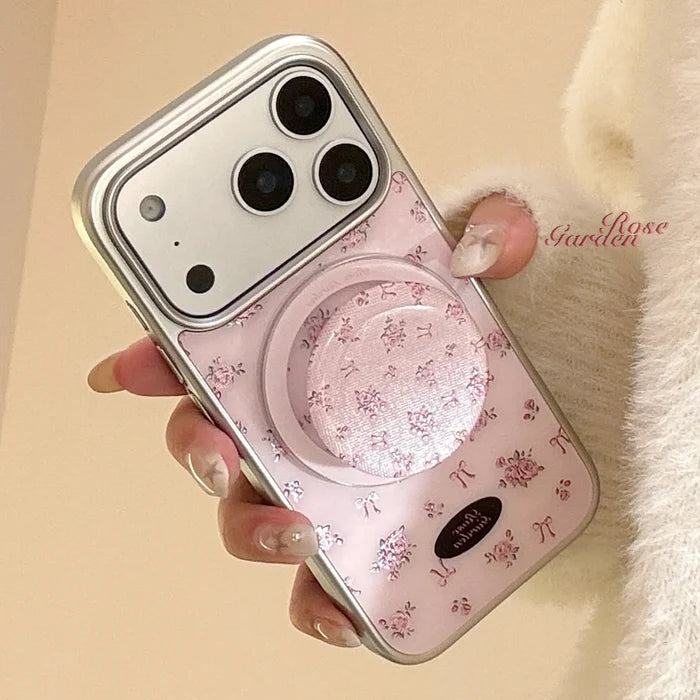 Korean Full Screen Flowers Silver Edge Plating Magnetic Bracket Phone Case For iPhone PhoneShells