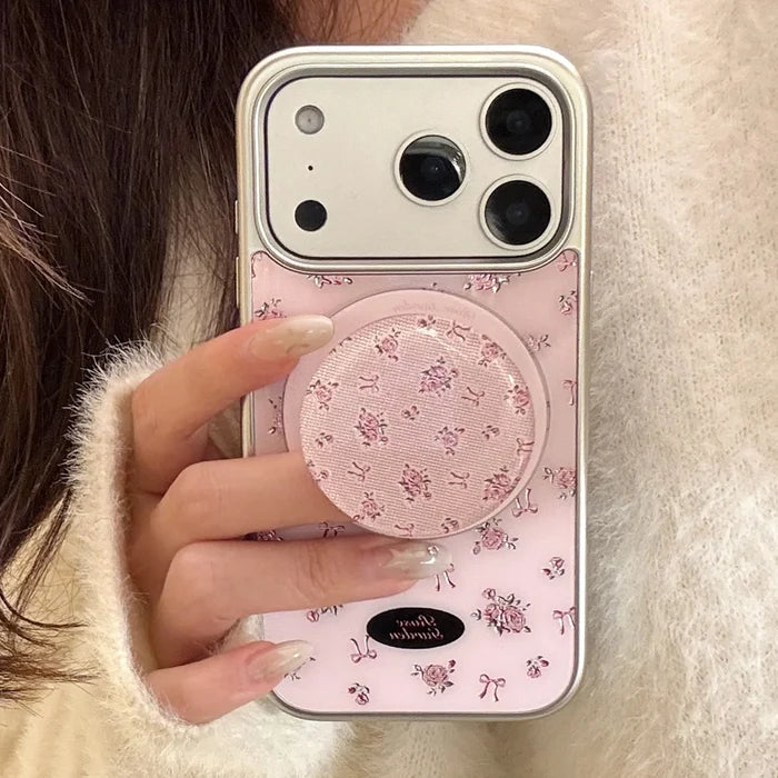Korean Full Screen Flowers Silver Edge Plating Magnetic Bracket Phone Case For iPhone PhoneShells