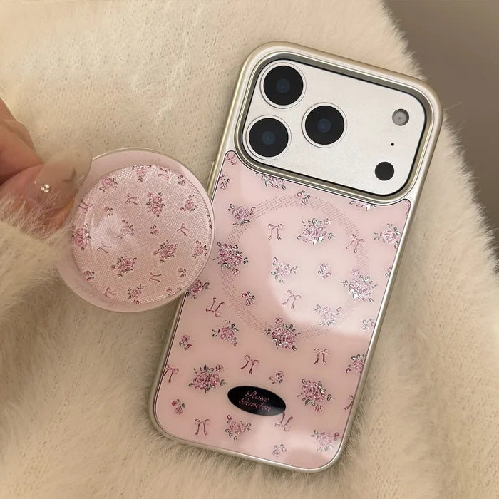 Korean Full Screen Flowers Silver Edge Plating Magnetic Bracket Phone Case For iPhone PhoneShells