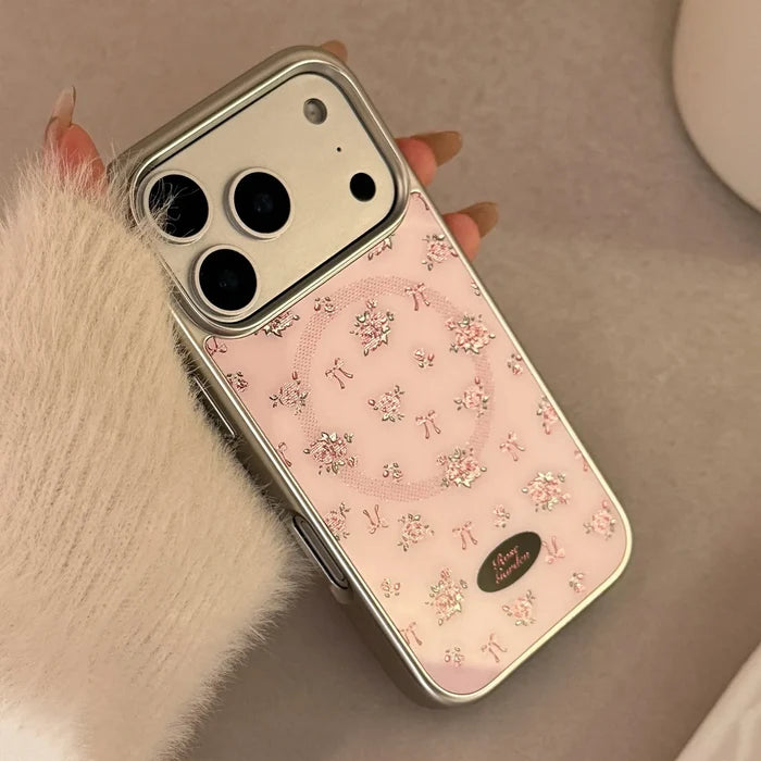 Korean Full Screen Flowers Silver Edge Plating Magnetic Bracket Phone Case For iPhone PhoneShells
