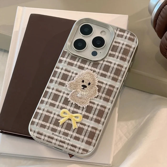 Korean Plaid Cartoon Puppy Bowknot Embroideried Silver Border Phone Case For iPhone PhoneShells