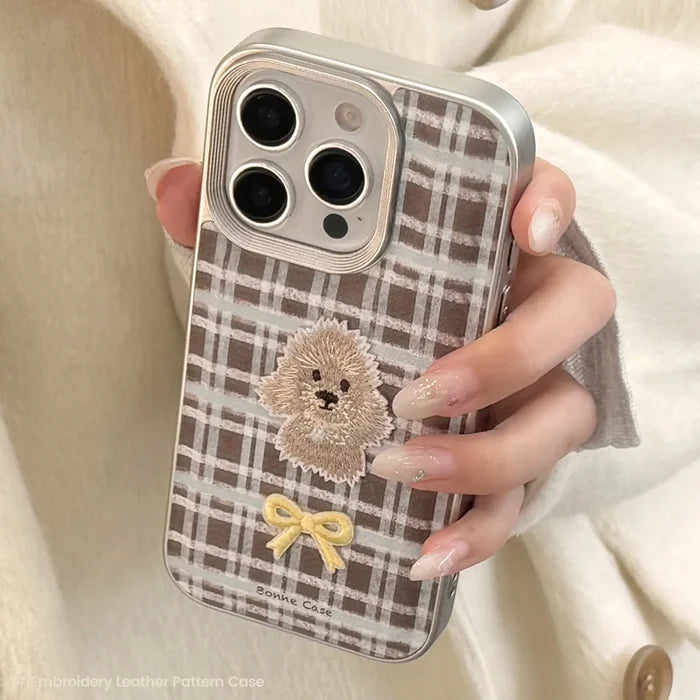 Korean Plaid Cartoon Puppy Bowknot Embroideried Silver Border Phone Case For iPhone PhoneShells