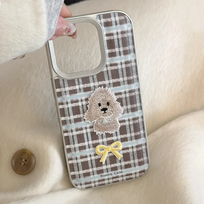 Korean Plaid Cartoon Puppy Bowknot Embroideried Silver Border Phone Case For iPhone PhoneShells