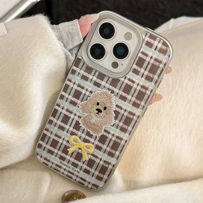 Korean Plaid Cartoon Puppy Bowknot Embroideried Silver Border Phone Case For iPhone PhoneShells